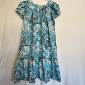 KY's Hawaiian Maxi‎ Dress Island Print Floral Ruffle Hem Short Sleeve ONE SIZE